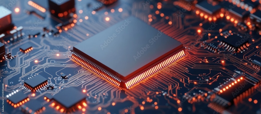 Poster circuit board macro with microchip technology illuminated for electronic backgrounds and text placem