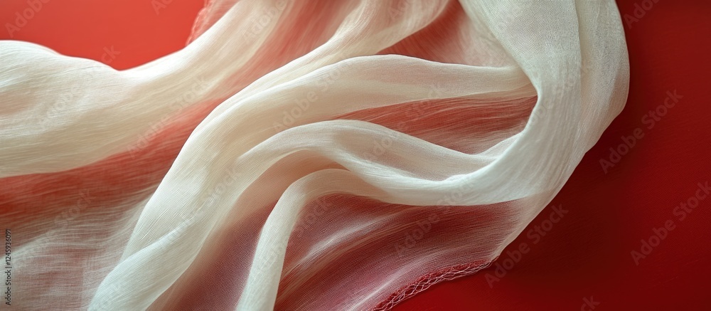 Poster Soft white cheesecloth draped elegantly on a vibrant red background creating a dynamic and visually appealing textile composition.