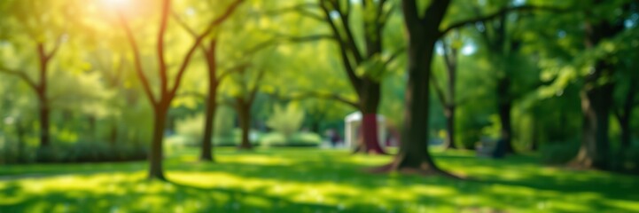 Obraz premium Serene afternoon in a vibrant park filled with lush greenery and soft sunlight filtering through tall trees