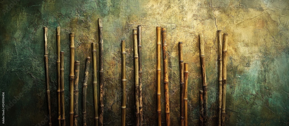Poster bound bamboo sticks arranged against a textured background with a blend of earthy colors creating an