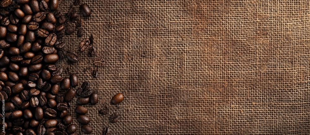 Poster coffee beans scattered on a textured canvas background creating a rustic and natural coffee-themed v