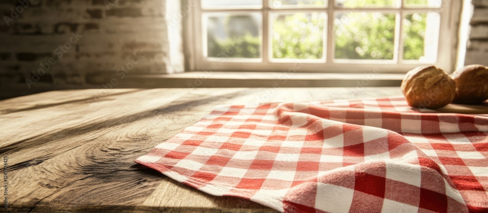 Poster checkered tablecloth draped on a rustic wooden kitchen table with natural light and bakery items cre