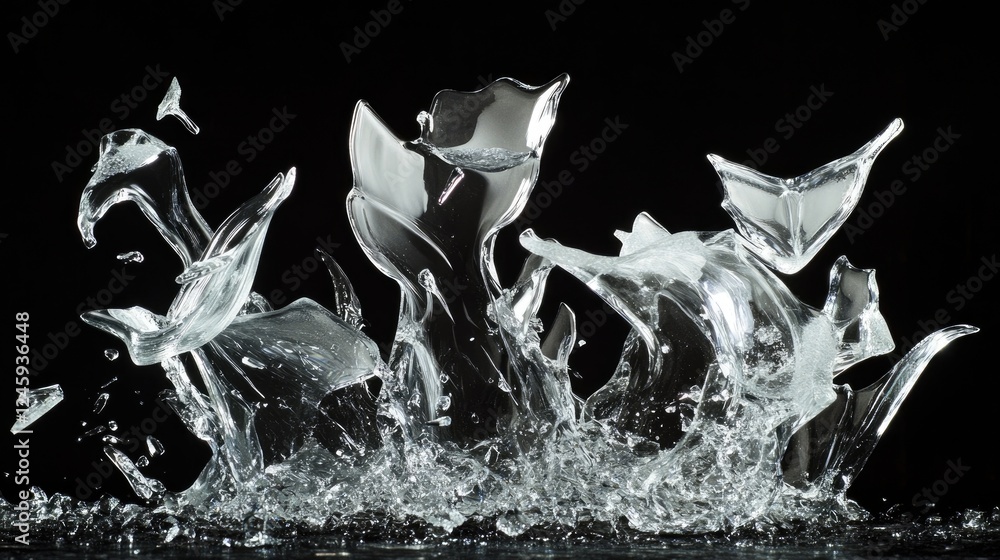 Poster High-speed capture of sharp glass fragments shattering in midair, frozen in high detail against a stark black background, showcasing intricate, delicate patterns.