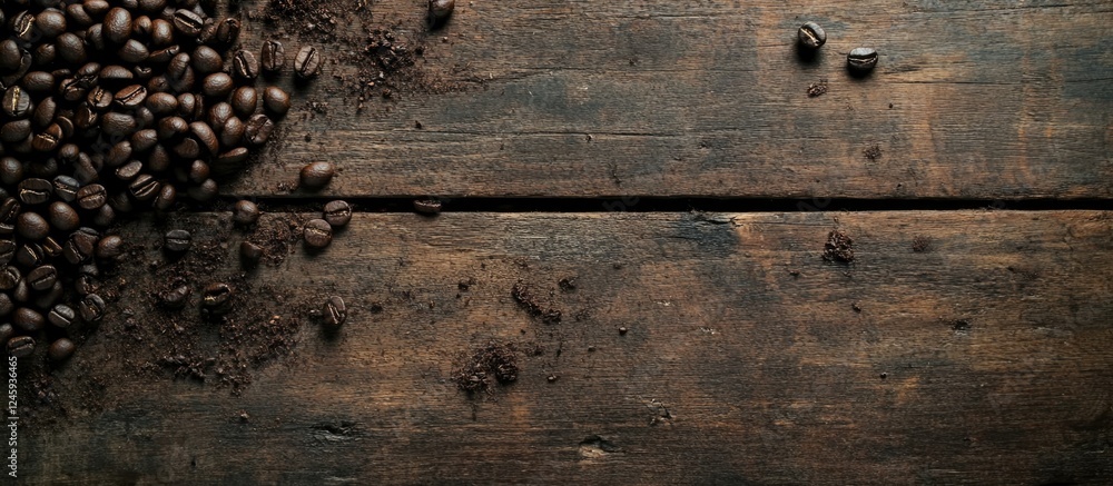 Poster coffee beans scattered on rustic wooden surface with empty space for text and branding in warm, invi
