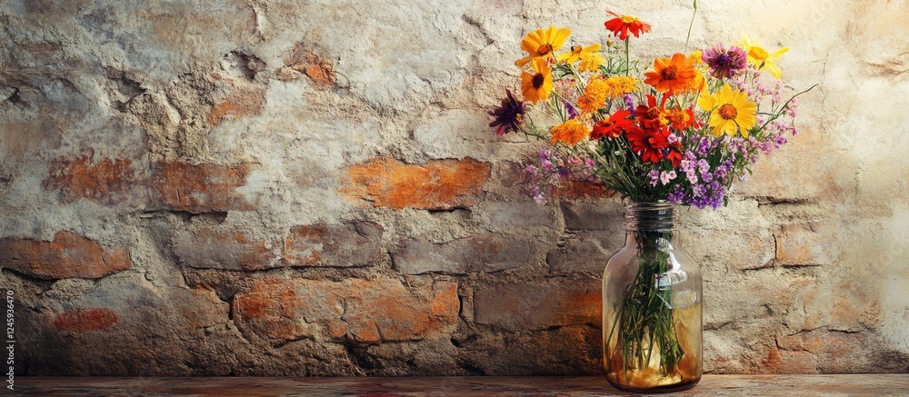 Poster colorful bouquet in a glass vase against a rustic brick wall creating a warm and inviting atmosphere