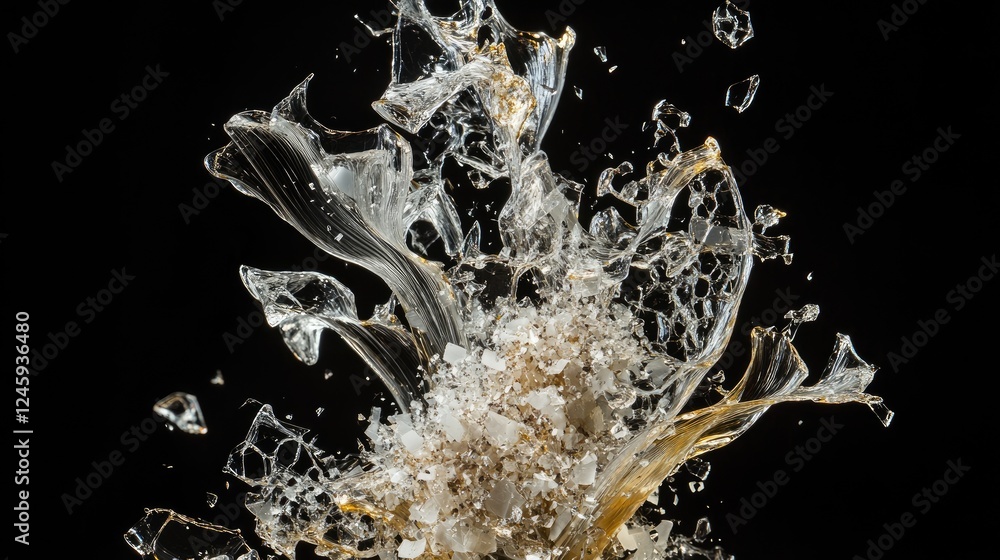 Aufkleber high-speed capture of sharp glass fragments shattering in midair, frozen in high detail against a st