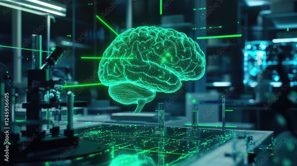 Poster Holographic brain projection in a high-tech laboratory, transmitting data to microscopes with green laser beams, symbolizing cutting-edge AI and neural network exploration.
