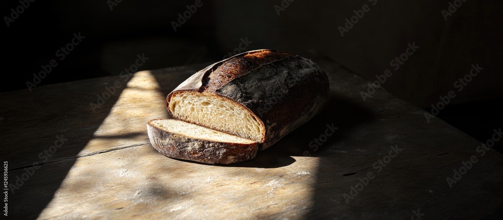 Poster artisanal sourdough bread made from natural ingredients sliced on a rustic wooden table with soft li