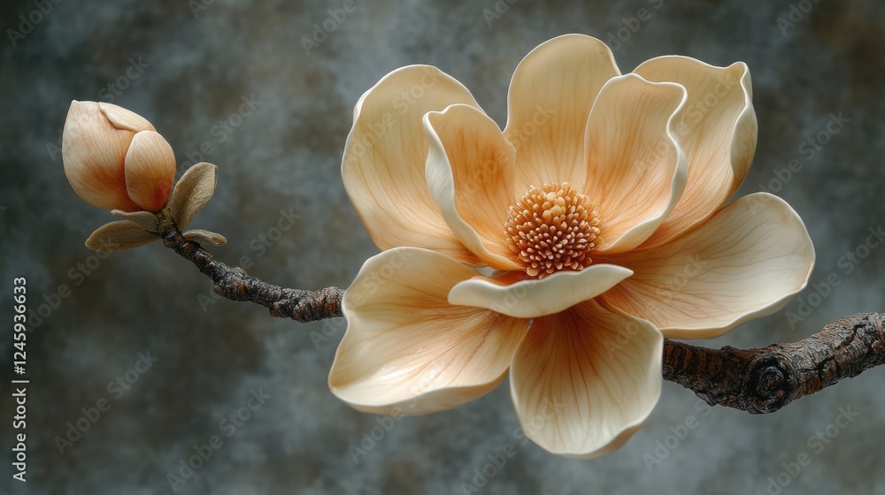 Poster close up of a delicate magnolia flower and bud on a branch with soft focus background and space for 