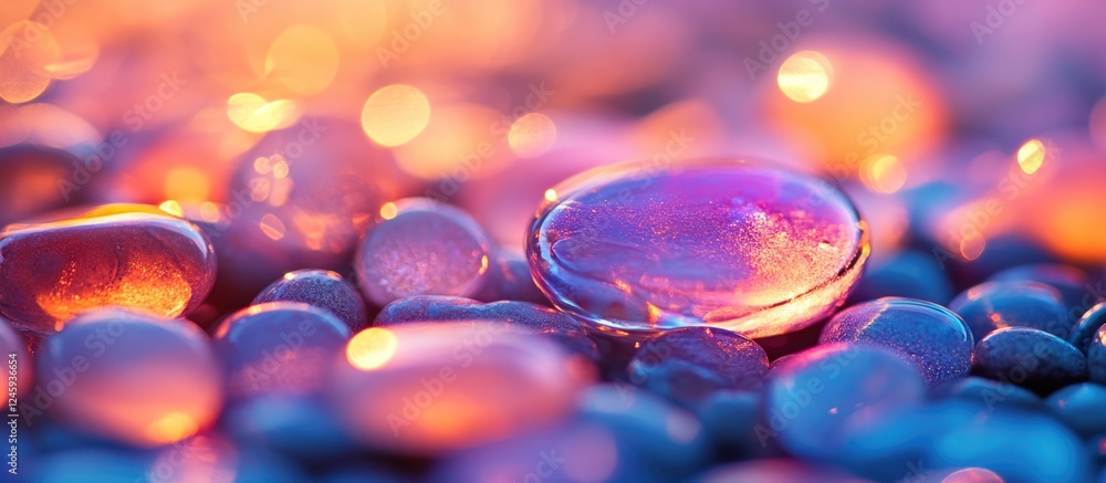 Poster vibrant glass pebbles illuminated softly creating a serene atmosphere with ample space for text or d