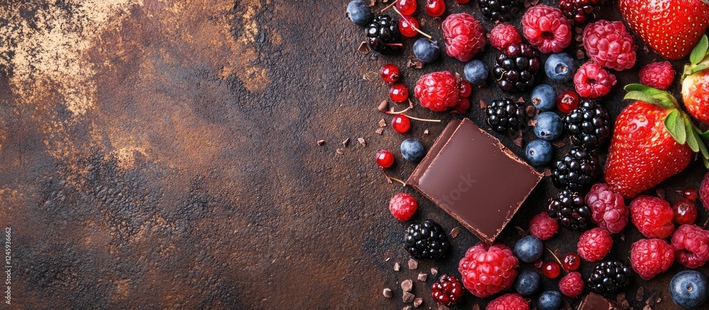 Poster decadent chocolate cake surrounded by fresh berries on rustic stone surface with empty space for tex
