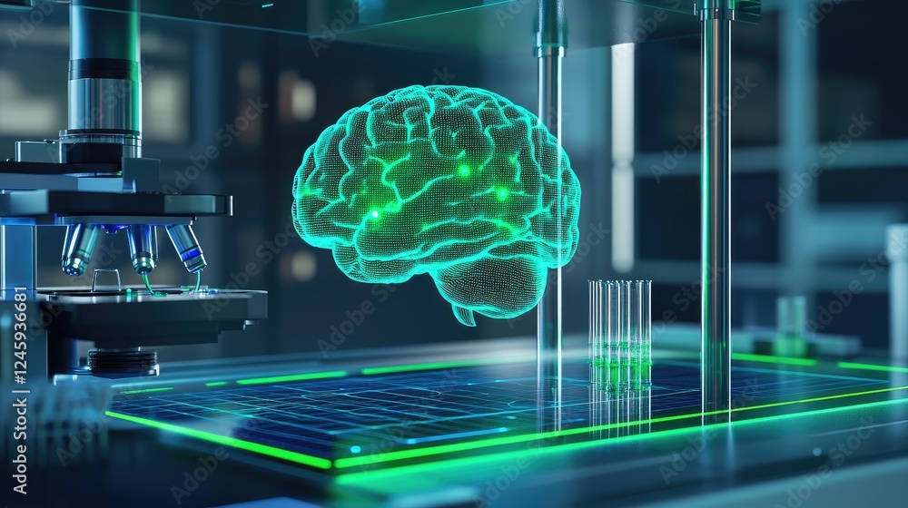 Poster Holographic brain projection in a high-tech laboratory, transmitting data to microscopes with green laser beams, symbolizing cutting-edge AI and neural network exploration.