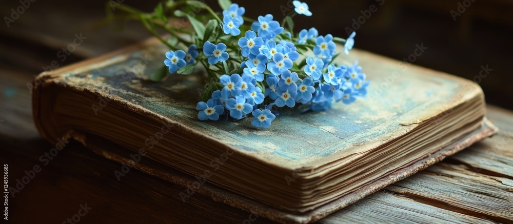 Poster vintage book with a bouquet of forget-me-not flowers on a rustic wooden surface capturing a nostalgi