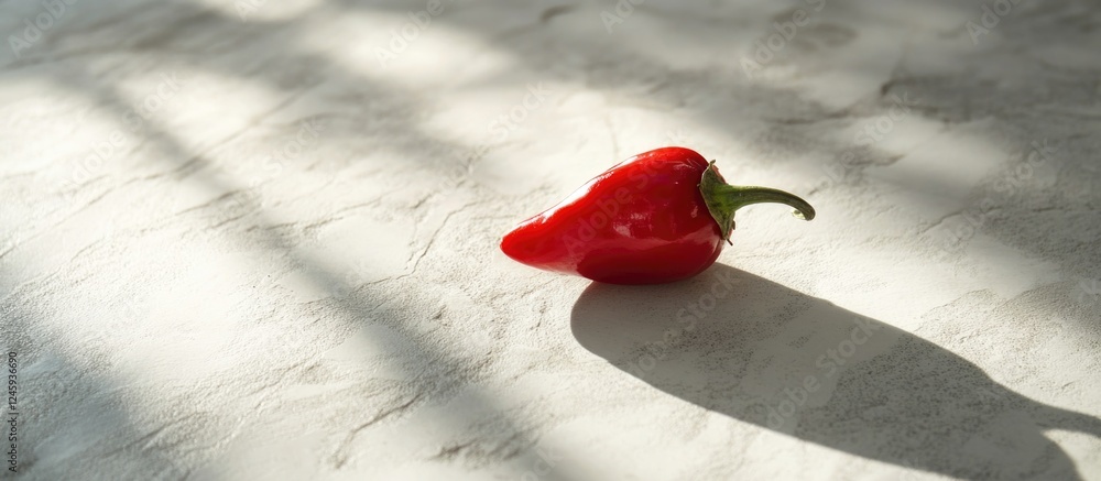 Poster red chili pepper resting on a textured white table with soft natural light and shadows creating a vi