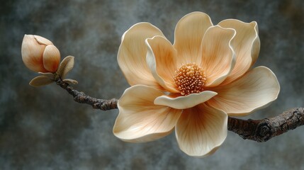 Close up of a delicate magnolia flower and bud on a branch with soft focus background and space for text or design elements