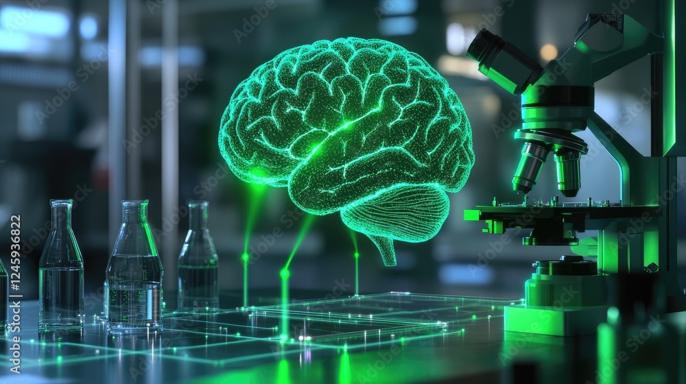 Poster Holographic brain projection in a high-tech laboratory, transmitting data to microscopes with green laser beams, symbolizing cutting-edge AI and neural network exploration.