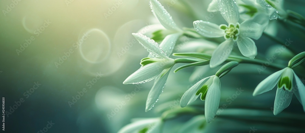 Aufkleber Delicate snowdrop flowers in soft focus with a serene blurred background showcasing their beauty in a macro perspective.
