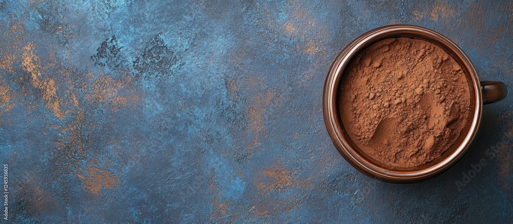 Poster cocoa chocolate powder in a coffee cup on textured blue stone table with empty space for text above 