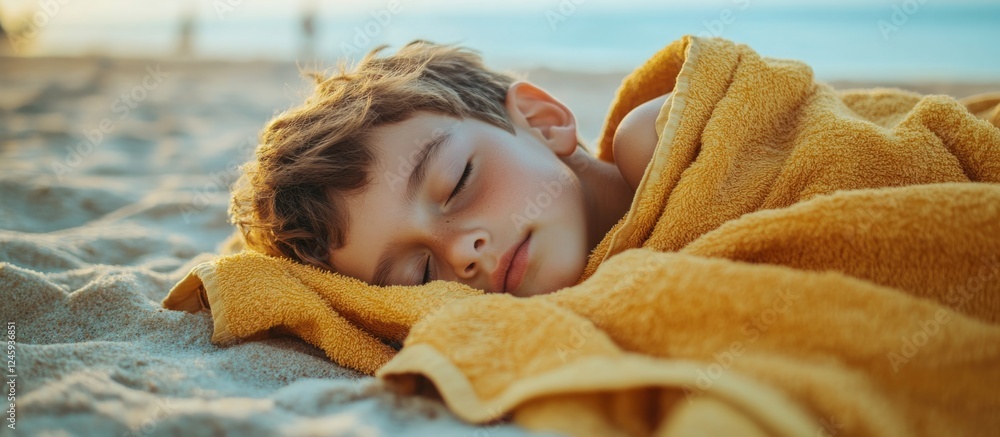 Aufkleber candid close-up of a boy sleeping on a sandy beach wrapped in a towel with blank space for text in a