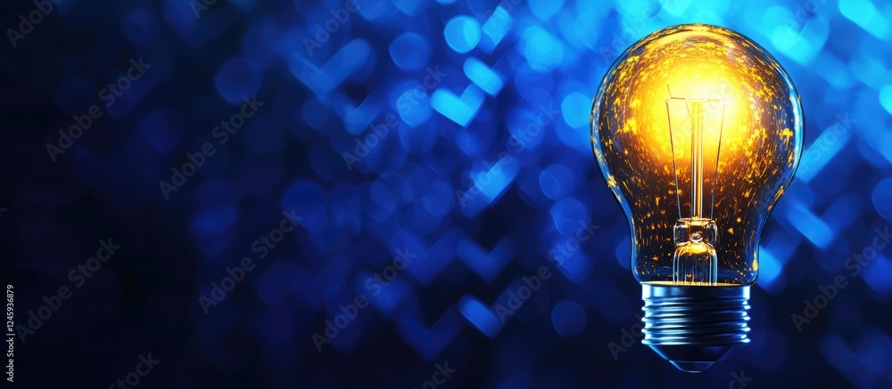 Poster illuminated yellow light bulb against a vibrant blue arrow background with ample clear space for cre