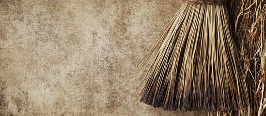 Close up of a broom with grunge texture showcasing dry grass fibers against a textured background for rustic design elements.