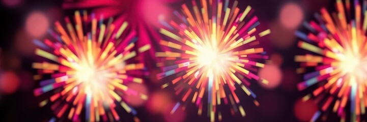 Colorful fireworks burst in the night sky during a festive celebration in an urban setting, creating a vibrant atmosphere