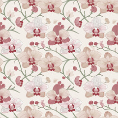 Repeating pattern of pink and white orchids with green stems on a light beige background.