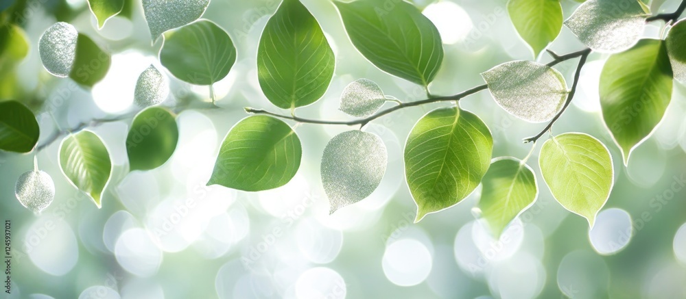 Aufkleber close up of vibrant green and silver leaves with soft bokeh background ideal for product display and