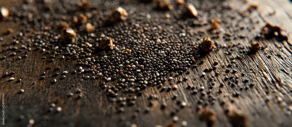 Poster chia seeds scattered on a rustic wooden surface creating a natural background texture for culinary o