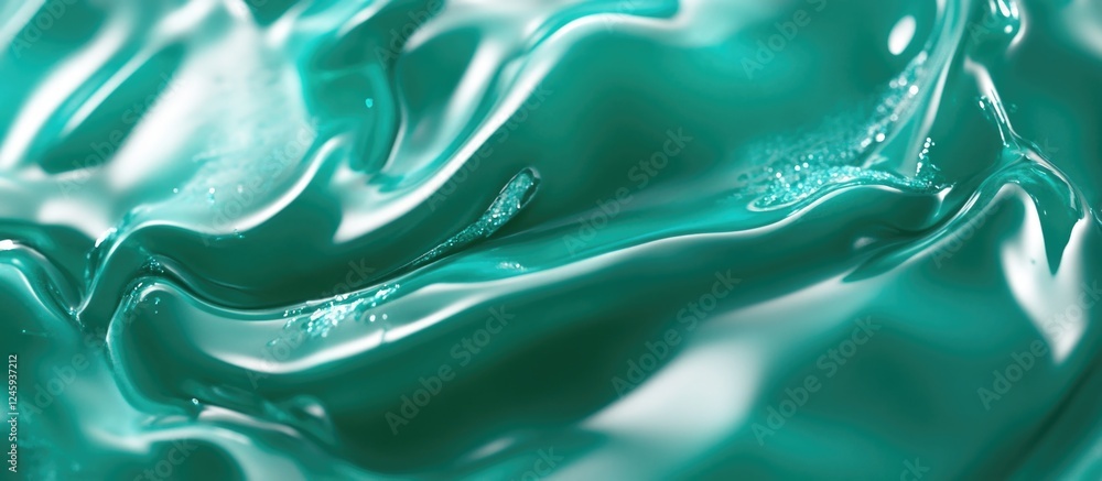 Poster close up view of abstract teal green plastic texture showcasing smooth, flowing patterns and light r