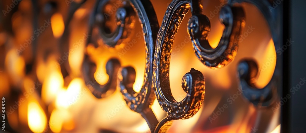 Poster Intricate fireplace screen design framing vibrant flames creating a warm, inviting atmosphere with detailed textures and soft light reflections
