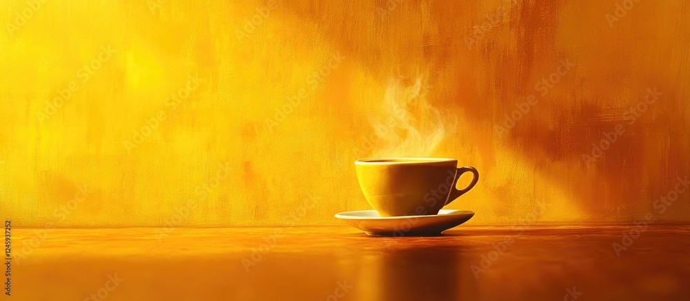 Poster steaming cup of coffee on a vibrant yellow background creating a warm and inviting atmosphere.