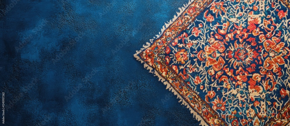 Poster close up of intricate traditional persian carpet design on blue background with ample space for text