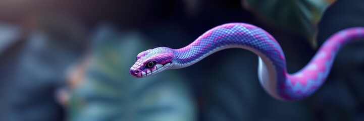 Gorgeous pink and purple snake gracefully moves through lush green foliage in a vibrant natural setting