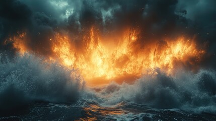 Cinematic underwater scene with dramatic fire explosion and turbulent waves, featuring ample copy space for text or branding elements.