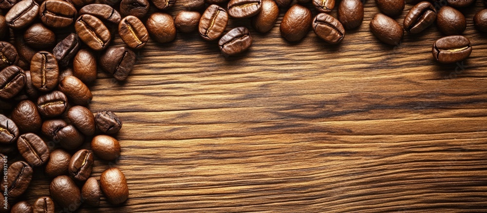 Poster coffee beans arranged on a wooden surface with ample negative space for text and branding opportunit
