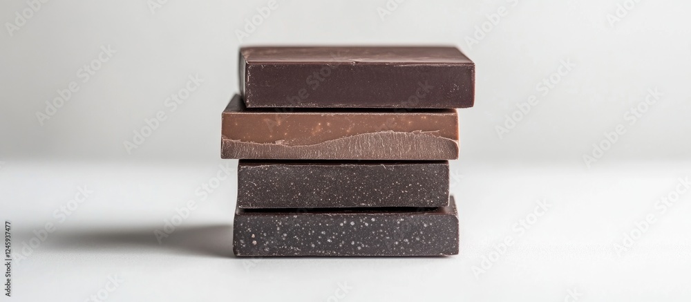 Poster stack of assorted chocolate blocks on a white background showcasing different textures and colors in