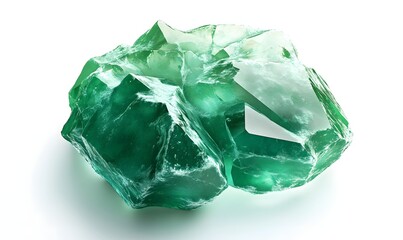 Obraz premium Green gemstone cluster, isolated, studio shot, white background, mineral sample, geology