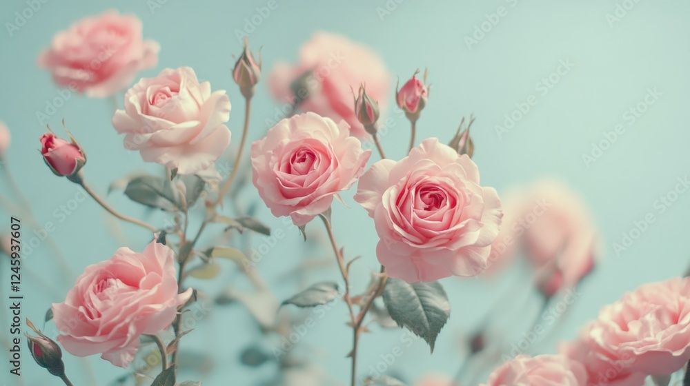 Aufkleber delicate pink roses against a soft blue background creating a serene atmosphere with ample space for