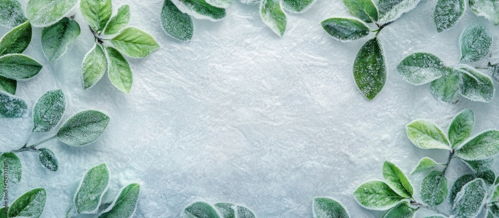 Aufkleber frosted boxwood branches with fresh green leaves arranged on a textured icy surface creating a winte