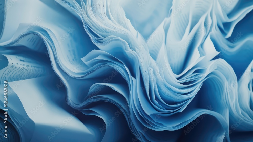Poster close up of abstract blue pages fanning out with blank space for text in a creative layout for desig