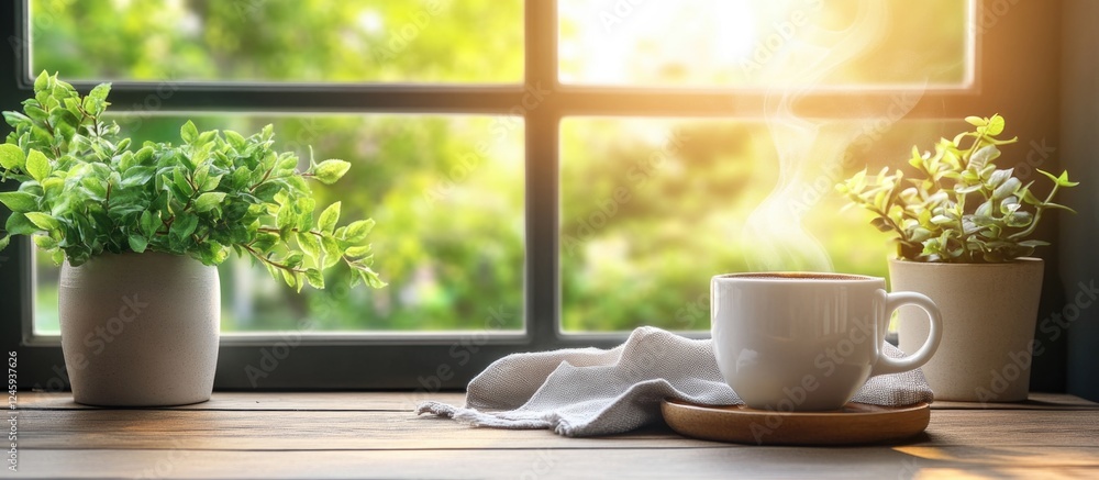 Poster morning coffee on a sunlit table with greenery in pots creating a cozy and inviting atmosphere for r