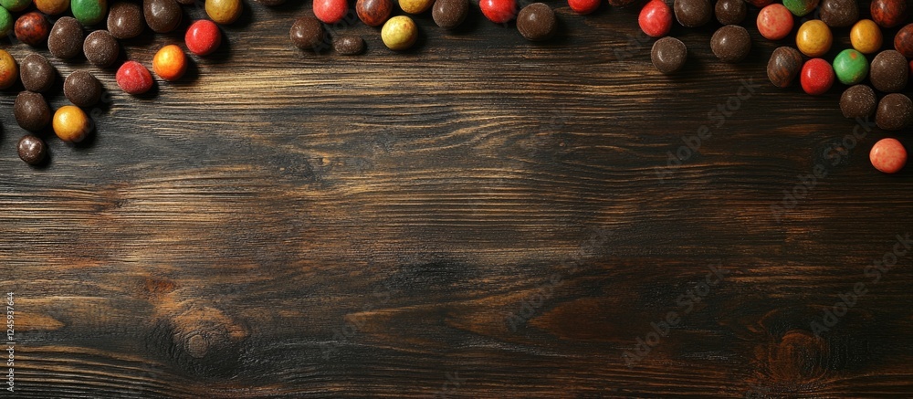 Poster Assorted candy and sweets on dark wooden background with empty space for text decoration and festive celebrations
