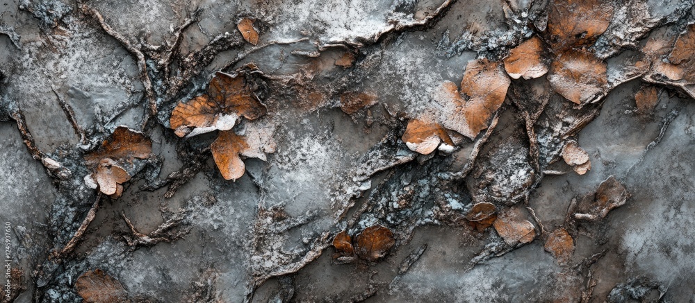 Poster textured cherry tree bark with patches of lichen and frost detail after winter showcasing nature's i