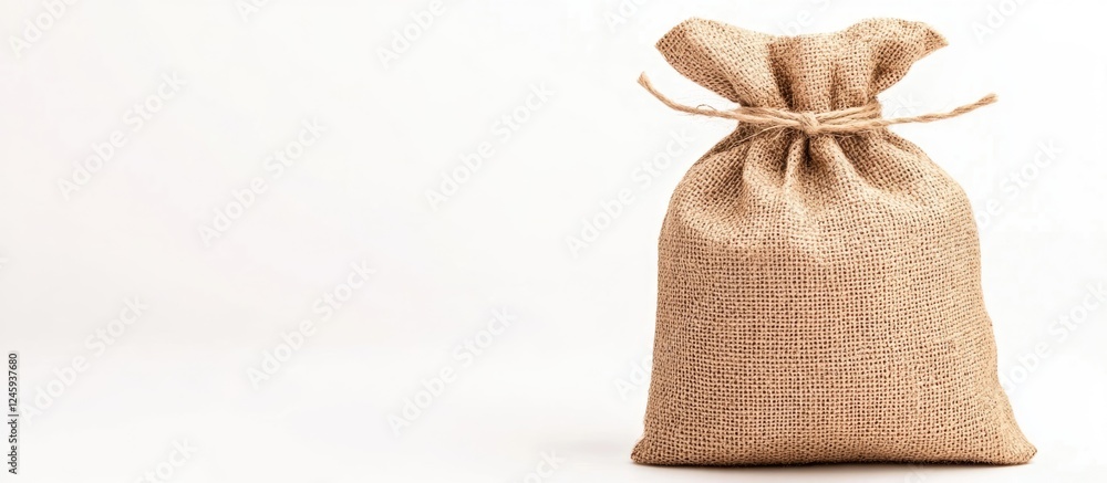 Poster burlap bag packaging mockup with blank space for text on a clean white background suitable for produ