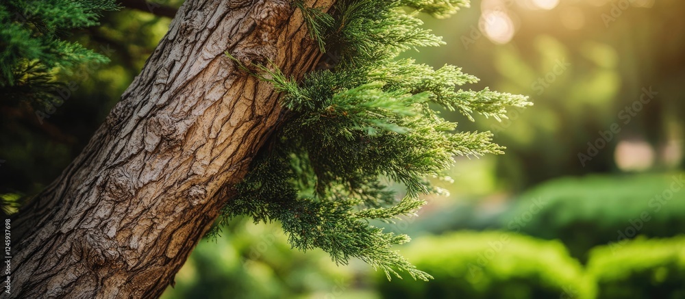 Poster cedar tree close up showcasing textured bark and vibrant foliage in a serene forest setting with sof