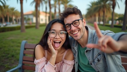 Naklejka premium A cheerful young man and woman, both wearing glasses, pose playfully on a park bench surrounded by palm trees. Their vibrant expressions radiate happiness and connection, capturing a delightful moment