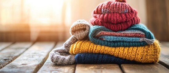 Children's knitted garments stacked on a rustic wooden surface with warm lighting, showcasing vibrant colors and textures for cozy appeal.