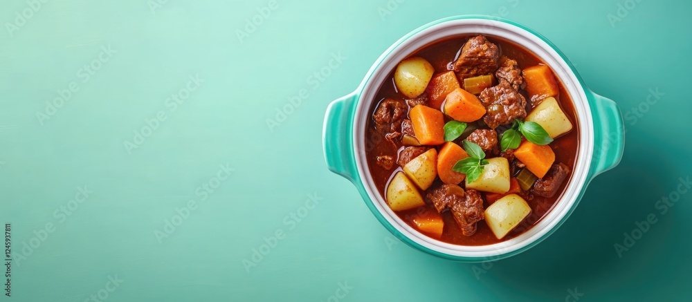 Poster traditional chunky beef stew with carrots and potatoes in a bowl rustic setting with blank space for
