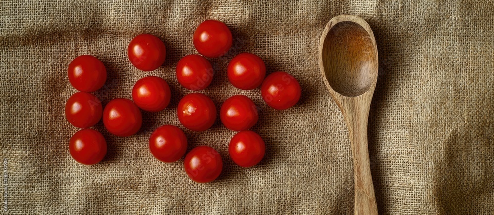 Poster cherry tomatoes arranged on sacking with a wooden spoon creating a rustic kitchen scene viewed from 